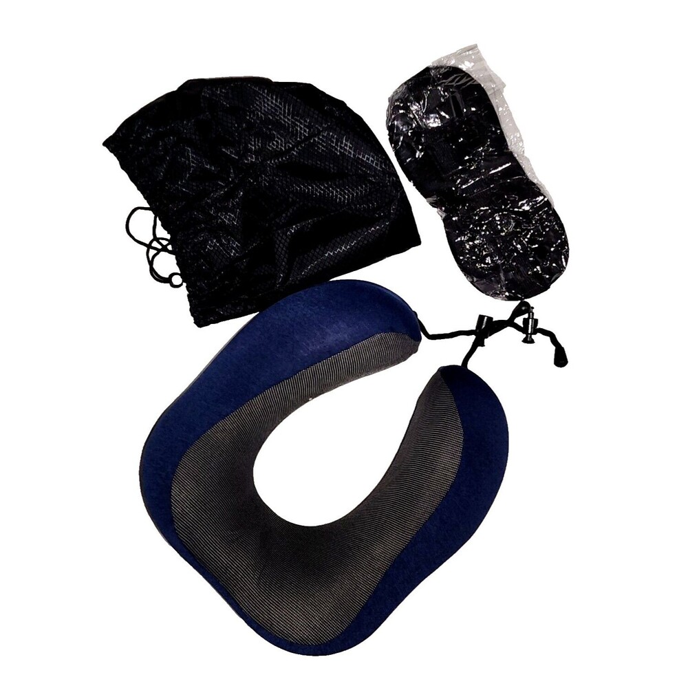 Travel Neck Pillow Memory Foam W/ Eye Mask & Ear Plugs Blue